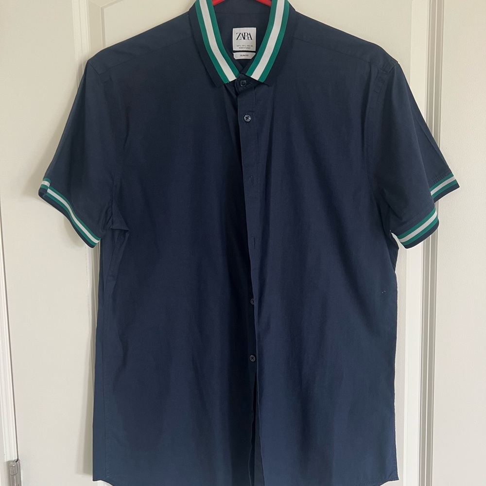 ZARA Men's Navy Slim Fit Shirt with Green Accents